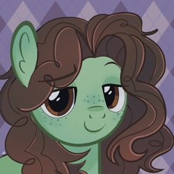 Size: 1600x1600 | Tagged: safe, artist:1mangosta1, imported from derpibooru, oc, oc only, oc:ponysona, oc:writtendreams, earth pony, pony, background, brown eyes, brown mane, bust, curly hair, curly mane, freckles, green, icon, looking at you, ponysona, portrait, simple background, smiling, smiling at you, smug, solo