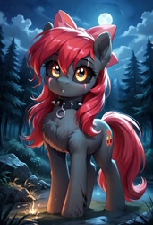 Size: 800x1169 | Tagged: safe, imported from derpibooru, apple bloom, undead, zombie, ai content, ai generated, apple bloom's bow, black sclera, blanked apple bloom, bow, collar, eye scar, facial scar, female, forest, generator:pony diffusion v6 xl, generator:stable diffusion, hair bow, mare, moon, nature, night, outdoors, prompter:gregorymars, scar, solo, spiked collar, tree, zombie bloom