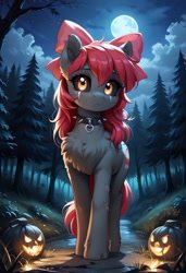 Size: 800x1169 | Tagged: safe, imported from derpibooru, apple bloom, undead, zombie, ai content, ai generated, apple bloom's bow, black sclera, bow, collar, eye scar, facial scar, female, forest, generator:pony diffusion v6 xl, generator:stable diffusion, hair bow, mare, moon, nature, night, outdoors, prompter:gregorymars, scar, solo, spiked collar, tree, zombie bloom