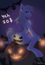 Size: 889x1280 | Tagged: safe, artist:shpoof, imported from derpibooru, oc, oc only, bat pony, earth pony, pegasus, pony, unicorn, commission, cute, dark background, halloween, holiday, horn, pegasus oc, pumpkin, solo, unicorn oc, wings, your character here