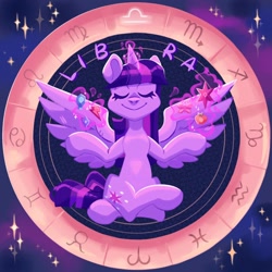 Size: 2000x2000 | Tagged: safe, artist:irisikiki, imported from derpibooru, part of a set, twilight sparkle, alicorn, pony, crossed legs, element of generosity, element of honesty, element of kindness, element of laughter, element of loyalty, element of magic, elements of harmony, eyes closed, female, levitation, libra, lotus position, magic, mare, sitting, smiling, solo, spread wings, stars, telekinesis, twilight sparkle (alicorn), wings, zodiac