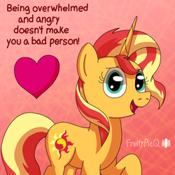 Size: 1000x1000 | Tagged: safe, artist:fruiitypieq, imported from derpibooru, sunset shimmer, pony, unicorn, female, heart, horn, mare, message, motivational, positive ponies, raised hoof, solo