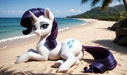 Size: 2432x1440 | Tagged: safe, imported from derpibooru, rarity, pony, unicorn, ai content, ai generated, beach, butt, chest fluff, dock, ear fluff, female, fluffy, horn, looking at you, lying down, mare, on side, photorealistic, plot, prone, realistic, sand, smiling, tail, underhoof