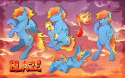 Size: 5160x3189 | Tagged: safe, artist:icy_passio, imported from derpibooru, oc, oc:blazarius, pegasus, pony, character design, fiery mane, green eyes, male, pegasus oc, pony oc, reference sheet, wings