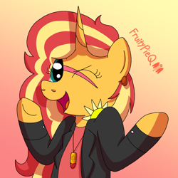 Size: 1000x1000 | Tagged: safe, artist:fruiitypieq, imported from derpibooru, sunset shimmer, pony, unicorn, equestria girls, bipedal, clothes, ear piercing, female, horn, jacket, jewelry, mare, my little pony equestria girls: rainbow rocks, necklace, one eye closed, open mouth, open smile, piercing, rainbow rocks 10th anniversary, smiling, solo, underhoof