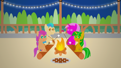 Size: 1920x1080 | Tagged: safe, artist:carrotorangelight, imported from derpibooru, hitch trailblazer, sunny starscout, oc, oc:orangelight amber, oc:star rhythm, pony, campfire, food, g5, marshmallow, night, pointy ponies, s'mores