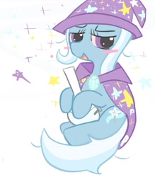 Size: 1257x1438 | Tagged: safe, artist:bonnboncakez, imported from derpibooru, trixie, pony, unicorn, blushing, bong, cape, clothes, cute, diatrixes, drug use, drugs, female, hat, high, horn, looking at you, mare, marijuana, simple background, smiling, solo, sparkles, stars, trixie's cape, trixie's hat, white background