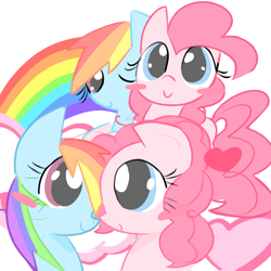 Size: 1600x1600 | Tagged: safe, artist:bonnboncakez, imported from derpibooru, pinkie pie, rainbow dash, earth pony, pegasus, pony, blushing, duo, duo female, female, heart, lesbian, mare, one eye closed, pinkiedash, rainbow, shipping, simple background, white background, wink