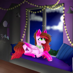 Size: 2449x2449 | Tagged: safe, artist:cookieholderowo, imported from derpibooru, oc, oc:liddie neko, pegasus, pony, female, lying down, mare, night, prone, solo