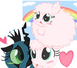 Size: 1600x1417 | Tagged: safe, artist:bonnboncakez, imported from derpibooru, queen chrysalis, oc, oc:fluffle puff, changeling, changeling queen, earth pony, pony, blushing, canon x oc, chrysipuff, cloud, crown, duo, duo female, female, fluffy, heart, jewelry, lesbian, mare, rainbow, regalia, shipping, simple background, tongue out, white background