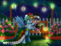 Size: 2400x1800 | Tagged: safe, artist:darksly, imported from derpibooru, rainbow dash, spike, dragon, firefly (insect), insect, pegasus, pony, bipedal, bowtie, bridesmaid dress, clothes, commission, dress, duo, duo male and female, female, flower, flying, hat, high res, lantern, looking at each other, looking at someone, male, mare, necktie, night, outdoors, rainbowspike, rose, rose bush, shipping, smiling, smiling at each other, spread wings, straight, top hat, tuxedo, winged spike, wings