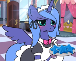 Size: 880x709 | Tagged: safe, artist:tamers12345, imported from derpibooru, screencap, princess luna, alicorn, pony, clothes, cookie, food, indoors, maid, solo