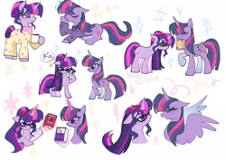 Size: 2048x1448 | Tagged: safe, artist:petaltwinkle, imported from derpibooru, sci-twi, twilight sparkle, alicorn, pony, unicorn, equestria girls, book, clothes, confused, duo, duo female, equestria girls ponified, female, glasses, magic, mare, mouth hold, mug, pajamas, ponytail, self paradox, self ponidox, simple background, spread wings, telekinesis, thought bubble, twilight sparkle (alicorn), twolight, unicorn sci-twi, unicorn twilight, white background, wings