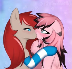 Size: 3000x2891 | Tagged: safe, artist:cheddart, imported from derpibooru, oc, oc:cheddart, oc:ponepony, earth pony, pegasus, blushing, clothes, female, kiss on the lips, kissing, lesbian, mare, socks, stockings, thigh highs