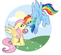 Size: 2048x1853 | Tagged: safe, artist:cinnamontee, imported from derpibooru, fluttershy, rainbow dash, pegasus, pony, circle background, cloud, cute, duo, duo female, eye clipping through hair, female, flower, flutterdash, flying, hill, lesbian, mare, nuzzling, shipping, spread wings, sun, unshorn fetlocks, wings