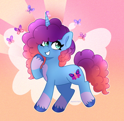 Size: 1862x1819 | Tagged: safe, artist:emera33, imported from derpibooru, butterfly, pony, unicorn, abstract background, female, g5, gradient background, grin, horn, mare, misty brightdawn, outline, rebirth misty, smiling, solo, standing on two hooves, white outline, wingding eyes