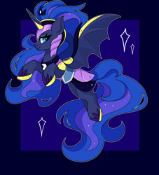 Size: 1857x2048 | Tagged: safe, artist:cinnamontee, imported from derpibooru, princess luna, alicorn, pony, armor, bat wings, blue background, chaos luna, clothes, crown, female, gameloft, jewelry, mare, passepartout, regalia, shoes, simple background, smiling, solo, sparkles, spread wings, wings