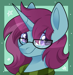 Size: 1935x1993 | Tagged: safe, artist:cinnamontee, imported from derpibooru, oc, oc only, oc:morgan, pony, unicorn, bust, clothes, glasses, horn, male, passepartout, portrait, scarf, smiling, solo, stallion, stars