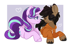 Size: 2048x1301 | Tagged: safe, artist:cinnamontee, imported from derpibooru, starlight glimmer, oc, oc:snore, earth pony, pony, unicorn, canon x oc, chest fluff, clothes, ear fluff, earth pony oc, female, heart, hoodie, horn, male, mare, passepartout, stallion, straight, unshorn fetlocks