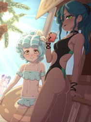 Size: 1200x1600 | Tagged: safe, artist:rockset, cozy glow, queen chrysalis, human, equestria girls, beach, blushing, breasts, butt, duo, duo female, female