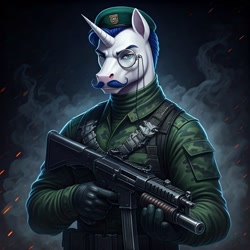 Size: 1024x1024 | Tagged: safe, imported from derpibooru, fancypants, anthro, unicorn, ai content, ai generated, beret, clothes, cosplay, costume, fatigues, g.i. joe, generator:google imagen 3.0, gloves, gradient background, gun, hat, horn, male, military uniform, monocle, prompter:zerowinger, ranger, sgt. stalker, smoke, solo, submachinegun, uniform, weapon