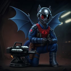 Size: 1024x1024 | Tagged: safe, imported from derpibooru, nocturn, anthro, bat pony, unguligrade anthro, ai content, ai generated, body armor, clothes, cosplay, costume, g.i. joe, generator:google imagen 3.0, helmet, kneeling, male, missile launcher, prompter:zerowinger, remote control, scrap-iron, solo, spread wings, wings