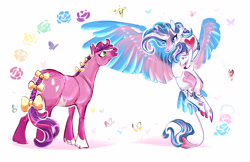 Size: 5100x3300 | Tagged: safe, artist:shirecorn, imported from derpibooru, skywishes, star catcher, butterfly, earth pony, pegasus, pony, alternate design, bow, braid, braided tail, cloven hooves, colored wings, duo, duo female, female, flower, flying, g3, high res, leonine tail, lesbian, looking at each other, looking at someone, mare, multicolored wings, rose, shipping, simple background, skycatcher, tail, tail bow, tail feathers, white background, wings