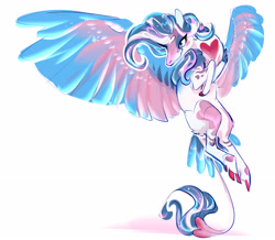 Size: 3155x2745 | Tagged: safe, artist:shirecorn, imported from derpibooru, star catcher, pegasus, pony, alternate design, cloven hooves, coat markings, female, flying, g3, heart shaped, high res, leonine tail, mare, signature, simple background, smiling, solo, spread wings, tail, tail feathers, white background, wings