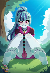 Size: 2496x3648 | Tagged: safe, imported from derpibooru, sonata dusk, human, equestria girls, ai content, ai generated, barefoot, day, feet, female, fetish, foot fetish, foot focus, forest, generator:civitai, grass, looking at you, nature, outdoors, prompter:trux23, sitting, smiling, smiling at you, soles, solo, solo female, toes, tree