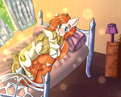 Size: 5000x4000 | Tagged: safe, artist:deadsmoke, imported from derpibooru, oc, oc:alu, oc:maize goldenrod, bed, bedroom, blushing, commission, female, lying down, mare