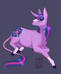 Size: 1072x1286 | Tagged: safe, artist:moonlenoircrow, imported from derpibooru, twilight sparkle, classical unicorn, unicorn, alternate cutie mark, blaze (coat marking), blue background, cloven hooves, coat markings, dark blue background, ear fluff, facial hair, facial markings, female, goatee, horn, leonine tail, looking at you, lying down, mare, prone, signature, simple background, smiling, smiling at you, socks (coat markings), solo, unicorn twilight, unshorn fetlocks