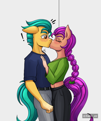 Size: 1500x1800 | Tagged: safe, artist:zachc, imported from derpibooru, hitch trailblazer, sunny starscout, anthro, earth pony, against wall, blushing, clothes, duo, eyes closed, female, g5, kissing, male, shipping