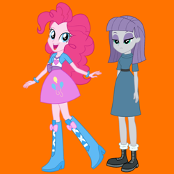 Size: 1080x1080 | Tagged: safe, editor:josephpatrickbrennan, imported from derpibooru, maud pie, pinkie pie, human, equestria girls, duo, duo female, female, orange background, pie sisters, siblings, simple background, sisters