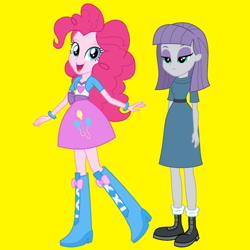 Size: 1080x1080 | Tagged: safe, editor:josephpatrickbrennan, imported from derpibooru, maud pie, pinkie pie, human, equestria girls, duo, duo female, female, pie sisters, siblings, simple background, sisters, yellow background