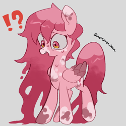 Size: 4096x4096 | Tagged: safe, artist:metaruscarlet, imported from derpibooru, oc, oc only, oc:metaru scarlet, pegasus, pony, folded wings, gray background, melting, open mouth, pegasus oc, simple background, solo, spotted, surprised, sweat, wings