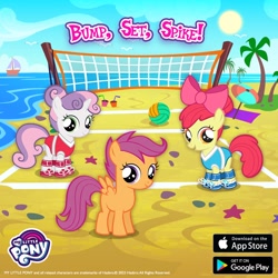 Size: 1080x1080 | Tagged: safe, imported from derpibooru, apple bloom, scootaloo, sweetie belle, earth pony, pegasus, unicorn, beach, boat, cutie mark crusaders, female, filly, foal, gameloft, horn, ocean, palm tree, tree, trio, trio female, volleyball net, water