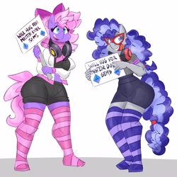 Size: 3300x3300 | Tagged: safe, artist:flutterthrash, imported from derpibooru, oc, oc only, oc:cinnabyte, oc:lillybit, anthro, plantigrade anthro, arm under breasts, bow, breasts, busty oc, clothes, commission, duo, duo female, eyebrows, eyebrows visible through hair, feet, female, glasses, hair bow, headphones, headphones around neck, mare, midriff, open mouth, open smile, shorts, sign, simple background, skirt, smiling, socks, stocking feet, stockings, striped socks, thigh highs, white background