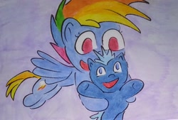 Size: 1712x1154 | Tagged: safe, artist:dex stewart, imported from derpibooru, rainbow dash, smallfry, pegasus, pony, my little pony: pony life, flying, traditional art