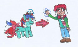 Size: 1149x695 | Tagged: safe, artist:spaton37, imported from derpibooru, fizzy, human, pony, unicorn, g1, horn, human ponidox, humanized, magic, self paradox, self ponidox, traditional art, transformation, transformation sequence