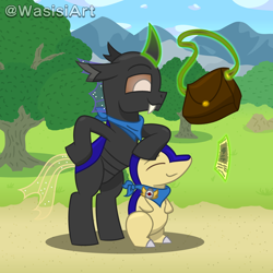 Size: 4500x4500 | Tagged: safe, artist:alejandrogmj, artist:wasisi, imported from derpibooru, oc, oc only, oc:wasisi, changeling, cyndaquil, bag, changeling oc, clothes, glowing, glowing horn, horn, magic, paper, pokémon, pokémon mystery dungeon, scarf, self paradox