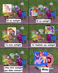 Size: 1920x2400 | Tagged: safe, imported from derpibooru, starlight glimmer, sunburst, sunny starscout, sunset shimmer, twilight sparkle, female, g5, lesbian, male, meme, shimmerglimmer, shipping, spanish, spongebob squarepants, starburst, straight, sunsetsparkle, twiburst, twiscout