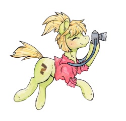 Size: 702x676 | Tagged: safe, artist:lightisanasshole, imported from derpibooru, oc, oc:milli, pony, camera, eponafest, happy, mascot, solo