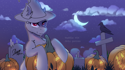 Size: 4000x2250 | Tagged: safe, artist:divori, imported from derpibooru, oc, oc only, bird, pony, raven (bird), candle, chest fluff, cloud, commission, ear fluff, grass, gravestone, halloween, hat, holiday, looking at you, moon, pumpkin, raffle, red eyes, stars, your character here