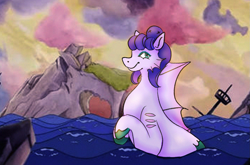 Size: 1417x933 | Tagged: safe, artist:clandestine, derpibooru exclusive, imported from derpibooru, gorgon, octopus, pony, siren, blue eyes, cala maria, cloud, crepuscular rays, crossover, cuphead, dorsal fin, eyeshadow, fin, fins, gills, makeup, ocean, ponified, purple coat, purple hair, rainbow rocks 10th anniversary, screencap background, shipwreck, sirenified, sky, smiling, smirk, solo, species swap, sunset, swimming, unshorn fetlocks, water