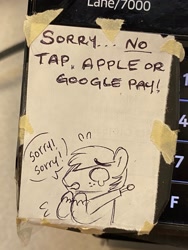 Size: 1536x2048 | Tagged: safe, artist:texacity, imported from derpibooru, big macintosh, earth pony, pony, crying, dialogue, emanata, irl, male, pen drawing, photo, plewds, solo, speech bubble, stallion, text, traditional art