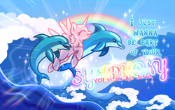 Size: 3575x2260 | Tagged: safe, artist:redjester, imported from derpibooru, dolphin, pony, advertisement, base, blue sky, commission, eyes closed, horn, rainbow, smiling, sparkles, spread wings, text, vector, water, wave, wings, your character here