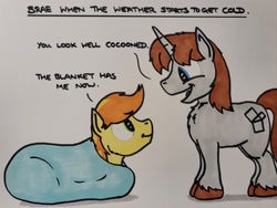 Size: 2048x1536 | Tagged: safe, artist:hoofclid, imported from derpibooru, braeburn, oc, oc:hoofclid, earth pony, pony, unicorn, blanket, blanket burrito, canon x oc, chest fluff, dialogue, duo, duo male, gay, horn, male, marker drawing, open mouth, open smile, shipping, smiling, stallion, traditional art