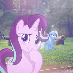 Size: 1947x1947 | Tagged: safe, artist:jhayarr23, artist:trrrebleee, edit, imported from derpibooru, vector edit, starlight glimmer, trixie, pony, unicorn, blushing, cannon, duo, duo female, female, horn, irl, lesbian, mare, photo, ponies in real life, raised hoof, real life background, shipping, startrix, vector