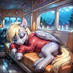 Size: 2400x2400 | Tagged: safe, imported from derpibooru, derpy hooves, pegasus, pony, ai content, ai generated, clothes, cloud, eyes closed, generator:pony diffusion v6 xl, generator:stable diffusion, hoodie, lying down, moon, night, prompter:infernum, rain, sky, sleeping, wings