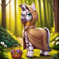 Size: 2400x2400 | Tagged: safe, imported from derpibooru, zecora, zebra, ai content, ai generated, basket, bush, clothes, coat, day, flower, forest, generator:pony diffusion v6 xl, generator:stable diffusion, grass, hood, looking at you, nature, prompter:infernum, smiling, smiling at you, standing, tree